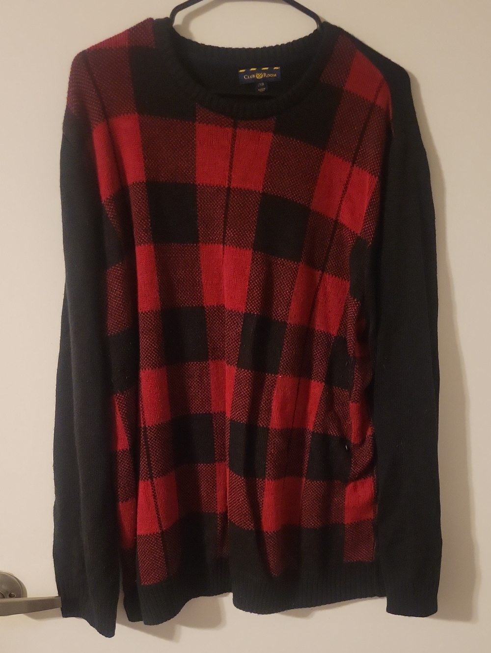 Club Room Red & Black Plaid Crewneck Sweater with Solid Black Sleeves